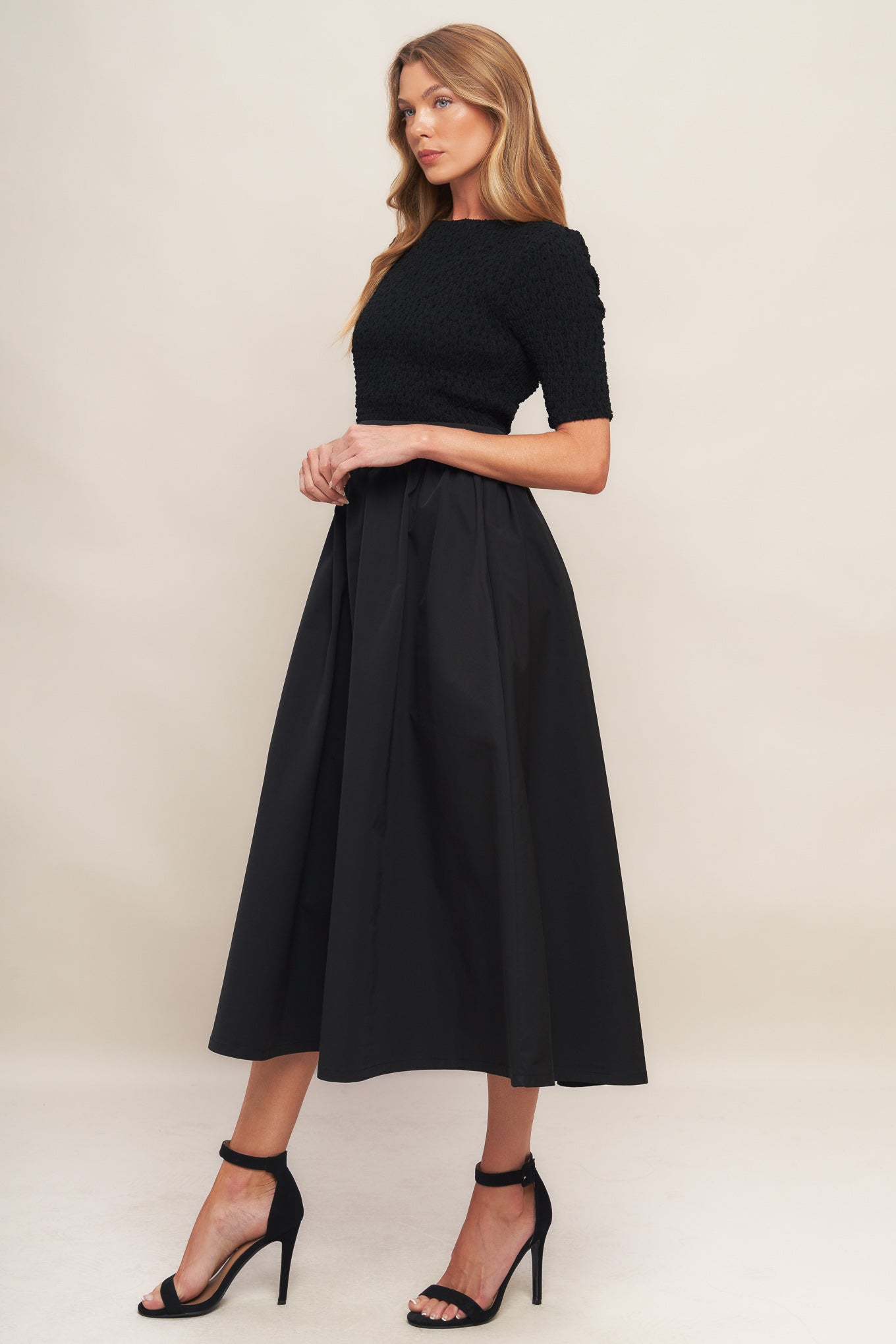 EVENING GRACE BLACK WOVEN MIDI DRESS Flying Tomato